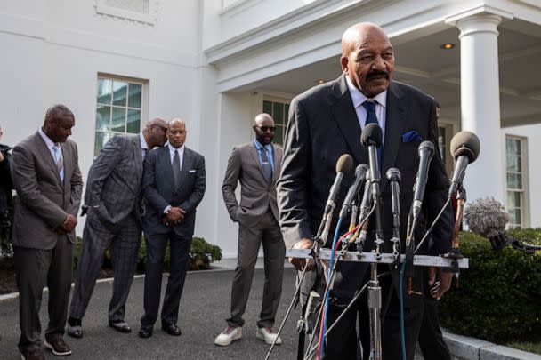 PHOTO: Former NFL football player Jim Brown speaks after walking out of the West Wing of White House, Tuesday, Feb. 18, 2020, in Washington. (Alex Brandon/AP, FILE)