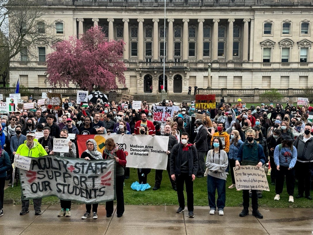 Demonstrators protest the Israel-Hamas war on the University of Wisconsin-Madison campus on Monday. Demonstrations in Wisconsin and across the country show growing discontent over schools’ responses to the war.