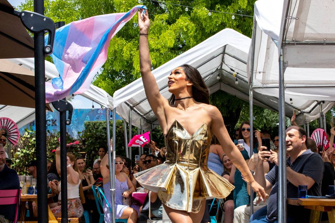 Drag Queen Kat Wilderness performs for guests during a Drag Brunch at R House Wynwood in Miami, Florida, on Saturday, April 9, 2022.