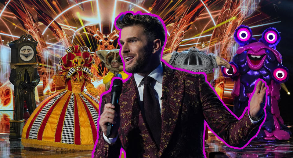 A composite image of The Masked Singer host Joel Dommett in front of this year's performers. (ITV)