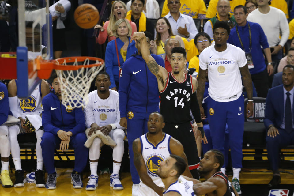 Danny Green #14 of the Toronto Raptors attempts a shot against the Golden State Warriors in the first half during Game 3 of the 2019 NBA Finals on June 5, 2019 in Oakland, California. (Photo by Lachlan Cunningham/Getty Images)