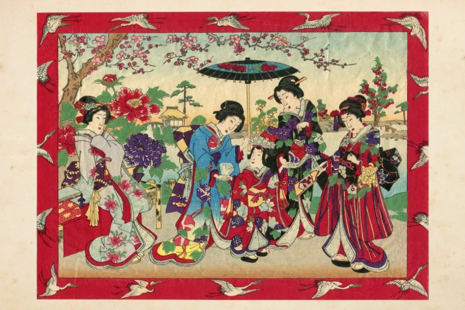 Grabado en madera que muestra a una princesa con un grupo de geishas y damas de la corte en 1880.