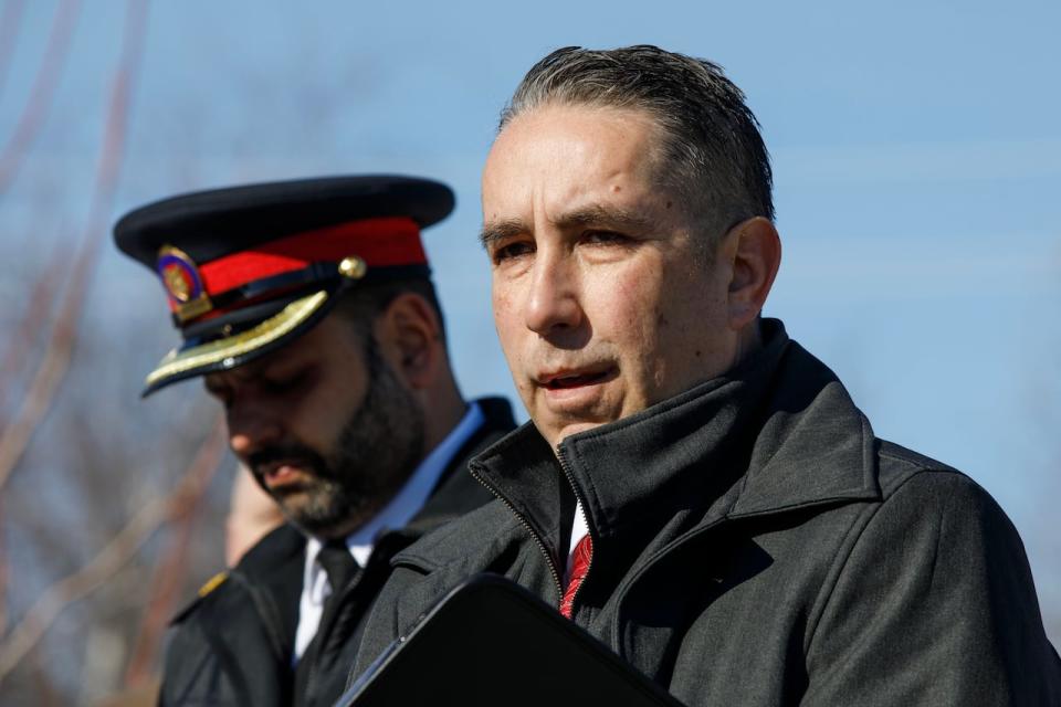 Det. Sgt. Phillip Campbell is pictured during a news conference in Toronto, on Feb. 20, 2024. Toronto police provided updates in an ongoing investigation involving two victims being shot near a north Toronto bus stop.