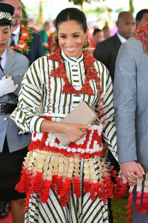 Meghan, Duchess of Sussex visits an exhibition of Tongan handicrafts, mats and tapa cloths at the Fa'onelua Convention Centre on the second day of the royal couple's visit to Tonga, October 26, 2018. Dominic Lipinski/Pool via REUTERS