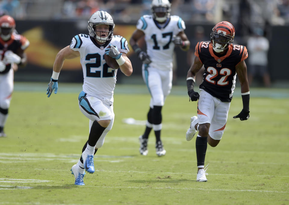 Carolina Panthers’ Christian McCaffrey looked every bit like a featured running back on Sunday against the Bengals. (AP Photo/Mike McCarn)