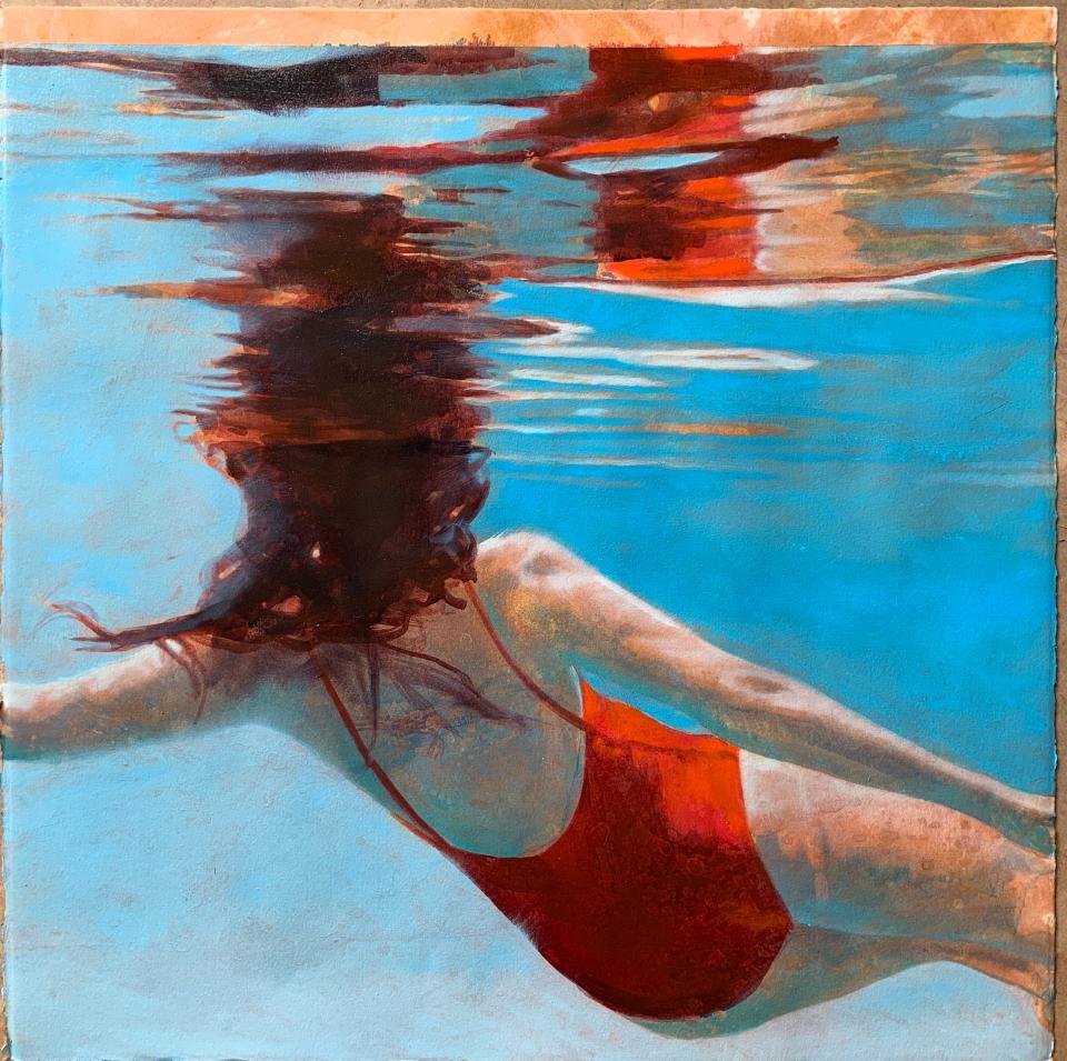 A mixed media piece of artwork by Hawaii-based artist Carol Bennett, shown in the “Dive In 2020” exhibition in Riverdale, New York.