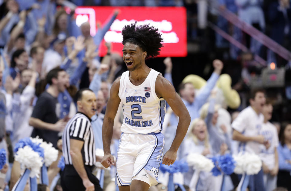 North Carolina's Coby White (2) reacts following a play against Duke during the second half of an NCAA college basketball game in Chapel Hill, N.C., Saturday, March 9, 2019. North Carolina won 79-70. (AP Photo/Gerry Broome)