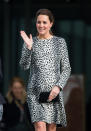 <p>The Duchess is the master of hiding her baby bump. One cover-up style came in the form of a leopard print dress by high street brand Hobbs.<br><i>[Photo: PA]</i> </p>