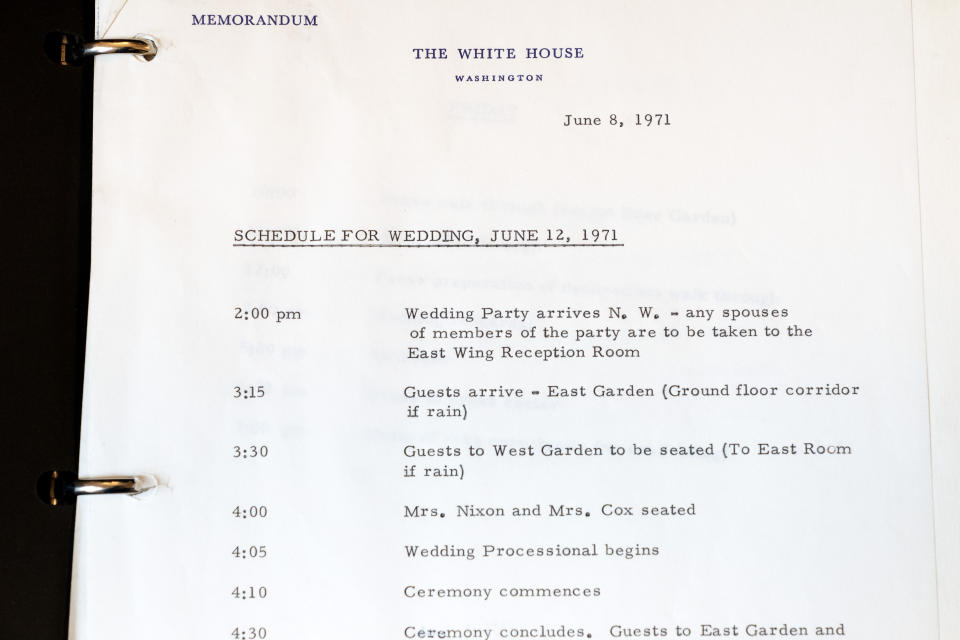 A schedule inside of Tricia Nixon's 1971 wedding planner is seen, Tuesday, Oct. 25, 2022, at the White House Historical Association in Washington. (AP Photo/Jacquelyn Martin)