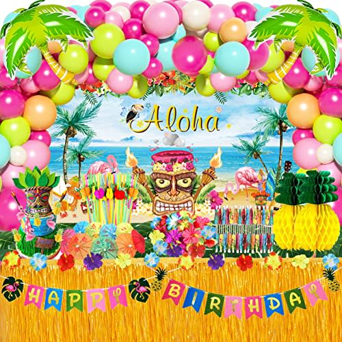 161Pcs Hawaiian Luau Party Decorations Pack, Tropical Beach Themed Summer Pool Party Supplies Including Aloha Backdrop, Flamingo Birthday Banner, Grass Table Skirt, Palm Leaves and Hibiscus, Pineapple Décors, Balloons Arch, Straws, Cupcake Toppers