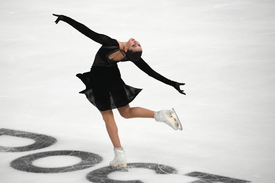 Russian Kamila Valieva competes in the women's free skate program during the figure skating competition at the 2022 Russian Figure Skating Grand Prix, the Golden Skate of Moscow, at Megasport Arena in Moscow, Russia, Sunday, Oct. 23, 2022. With its teams suspended from international competitions such as the Grand Prix series, Russia is holding its own series of figure skating events in various cities, also under the Grand Prix name. (AP Photo/Alexander Zemlianichenko)