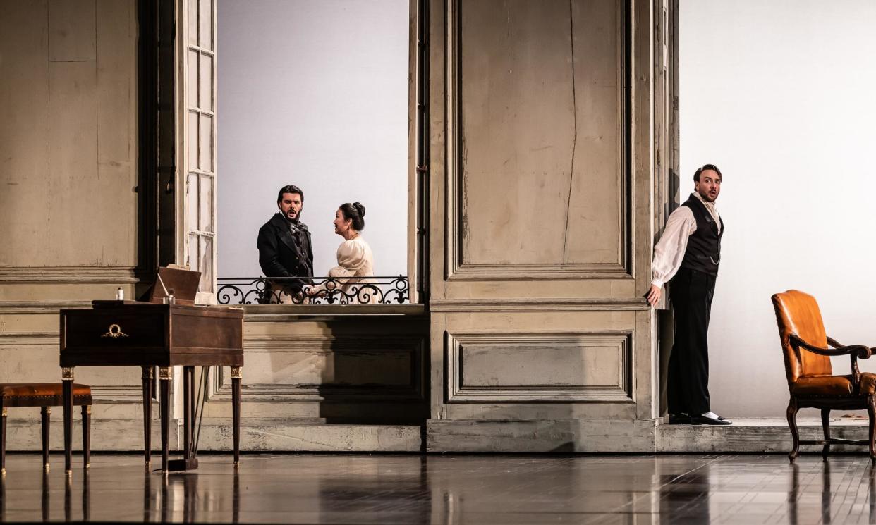 <span>‘A standout performance’: Luca Micheletti, left, as Figaro, with Ying Fang as Susanna and Huw Montague Rendall as Count Almaviva, in The Marriage of Figaro.</span><span>Photograph: Clive Barda</span>