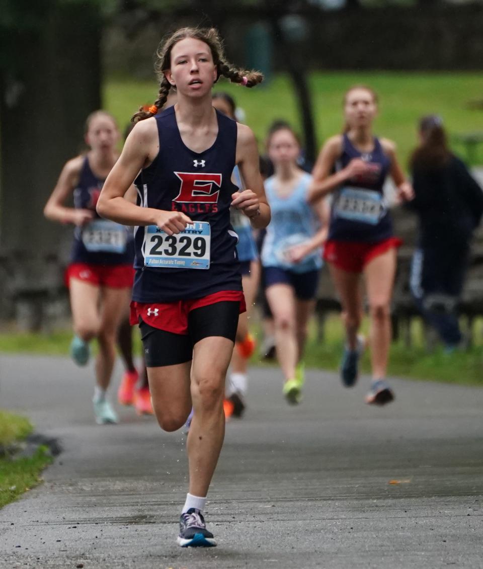 Eastchester's Eva Muzichenko competes in the Girls Varsity A 3-mile run at the Suffern Invitational at Bear Mountain State Park in Tomkins Cove on Saturday, September 23, 2023.