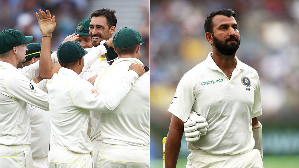 Starc picked up the crucial wicket of Pujara for 28. Pic: Getty