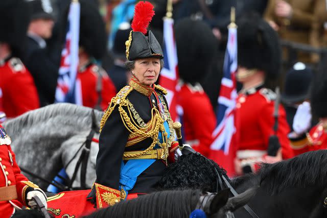 Dan Mullan/Getty Princess Anne rides on horseback after the coronation on May 6, 2023
