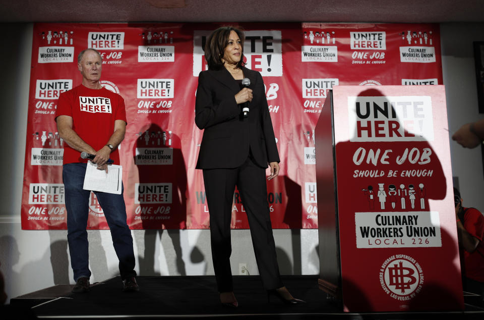 Democratic presidential candidate Sen. Kamala Harris, D-Calif., listens to a question at a town hall event at the Culinary Workers Union, Friday, Nov. 8, 2019, in Las Vegas. (AP Photo/John Locher)