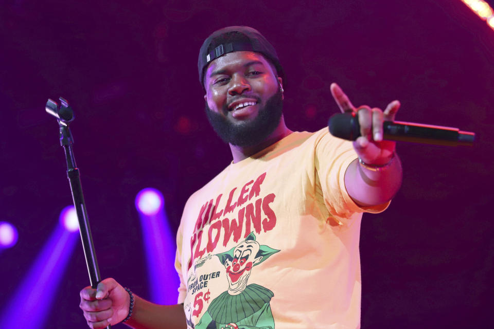 FILE - This July 31, 2019 file photo shows Khalid performing at Madison Square Garden in New York. Khalid is set to perform on the iHeartRadio Jingle Ball Tour this holiday season. IHeartMedia announced Friday, Sept. 27, 2019, that the 12-city tour kicks off Dec. 1 in Tampa Bay, Florida. (Photo by Greg Allen/Invision/AP, File)