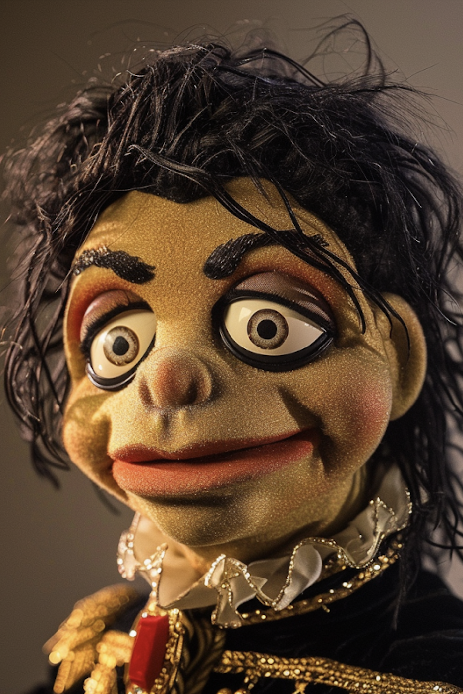 Close-up of a puppet with messy black hair wearing a gold-trimmed jacket and a ruffled collar