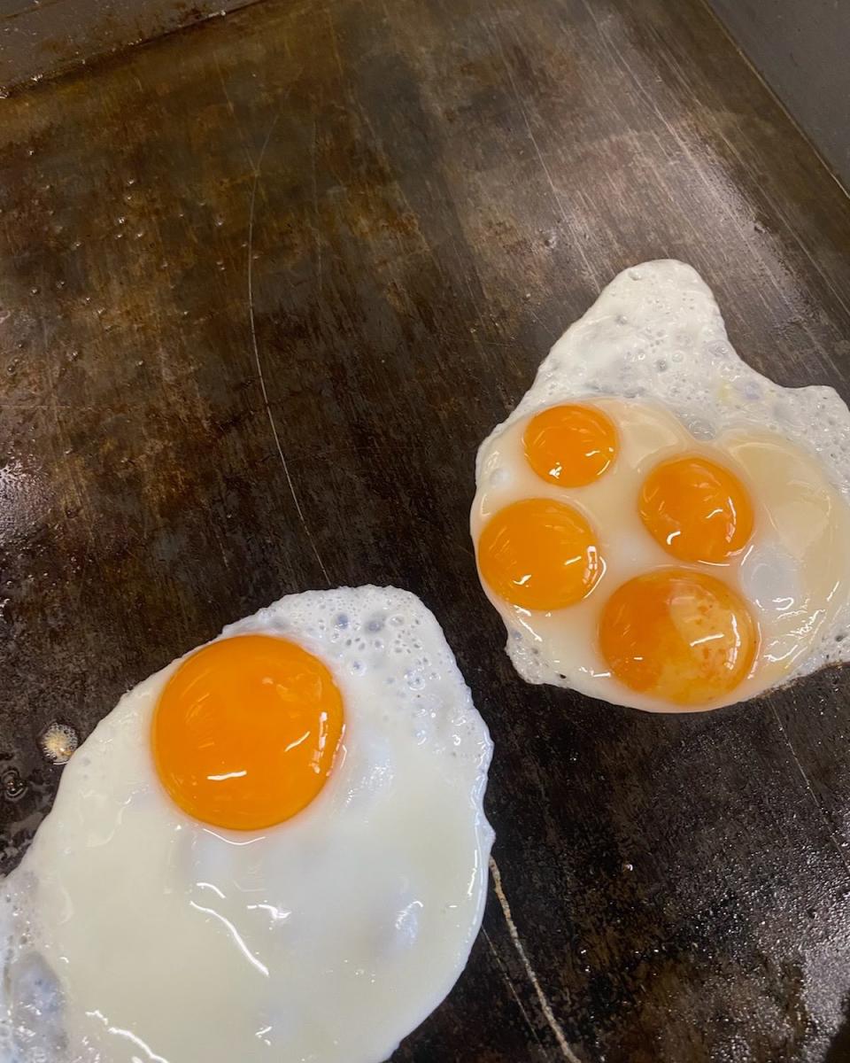 Two eggs on a cooker side by side. The egg on the right has four yolks. 