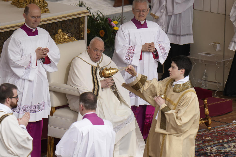 Pope Francis celebrates Easter mass in St. Peter's Square at the Vatican, Sunday, March 31, 2024. (AP Photo/Alessandra Tarantino)