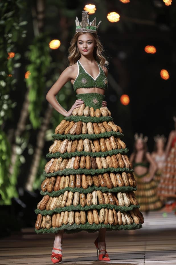 Beauty pageant contestant in dress designed with layered peanuts, wearing a crown