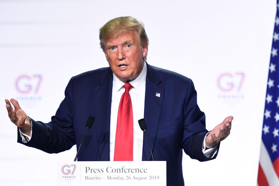 President Donald Trump appears at a press conference in Biarritz, France, on Aug. 26, 2019. (Photo: BERTRAND GUAY via Getty Images)