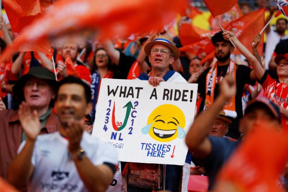 Luton Town fans before the Sky Bet Championship Play-Off Final between Coventry City and Luton Town at Wembley Stadium.