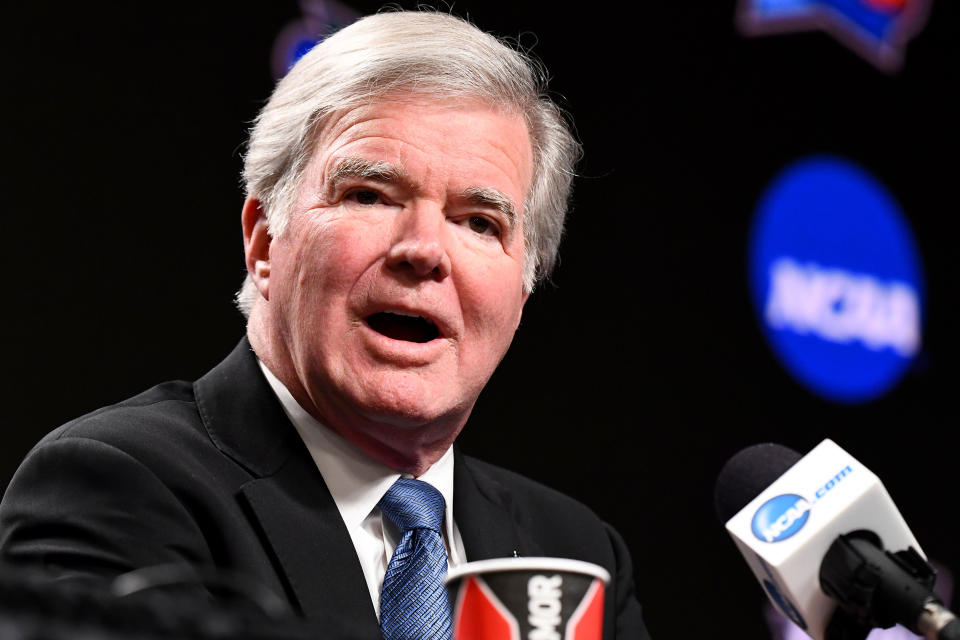 NCAA president Mark Emmert speaks to the media ahead of the Men's Final Four on April 04, 2019. (Brett Wilhelm/NCAA Photos via Getty Images)