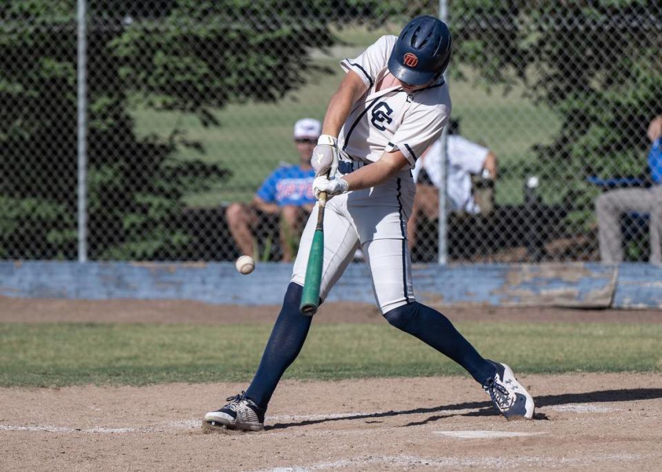 Central Catholic’s TP Wentworth connects for a two-run homerun during the Division III Sac-Joaquin Section playoff game with Christian Brothers at Central Catholic High School in Modesto, Calif., Wednesday, May 17, 2023.