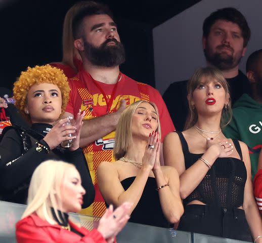 <p>Ezra Shaw/Getty</p> Ice Spice (left), Jason Kelce, Taylor Swift and Blake Lively photographed on Feb. 11, 2024 in Las Vegas