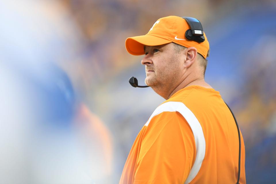 Tennessee Head Coach Josh Heupel  looks to the field during the second half of a game between the Tennessee Volunteers and Pittsburgh Panthers in Acrisure Stadium in Pittsburgh, Saturday, Sept. 10, 2022. Tennessee defeated Pitt 34-27.