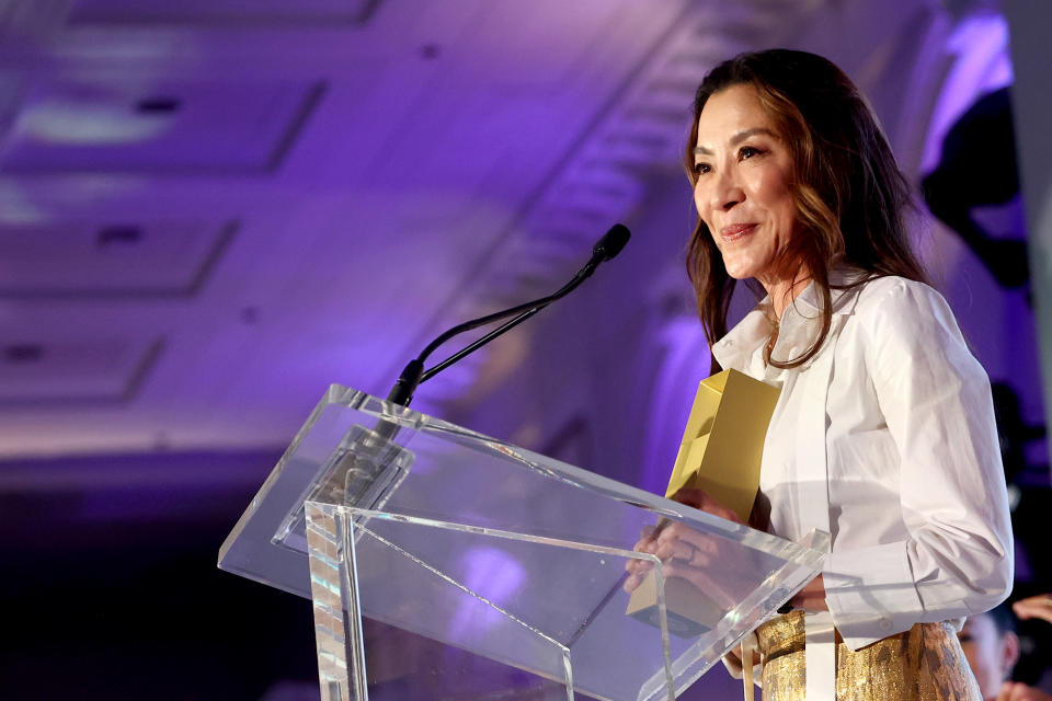 TORONTO, ONTARIO - SEPTEMBER 11: Honoree Michelle Yeoh accepts the Share Her Journey Groundbreaker Award presented by BVLGARI onstage at the TIFF Tribute Awards Gala during the 2022 Toronto International Film Festival at The Fairmont Royal York Hotel on September 11, 2022 in Toronto, Ontario. (Photo by Tommaso Boddi/Getty Images)