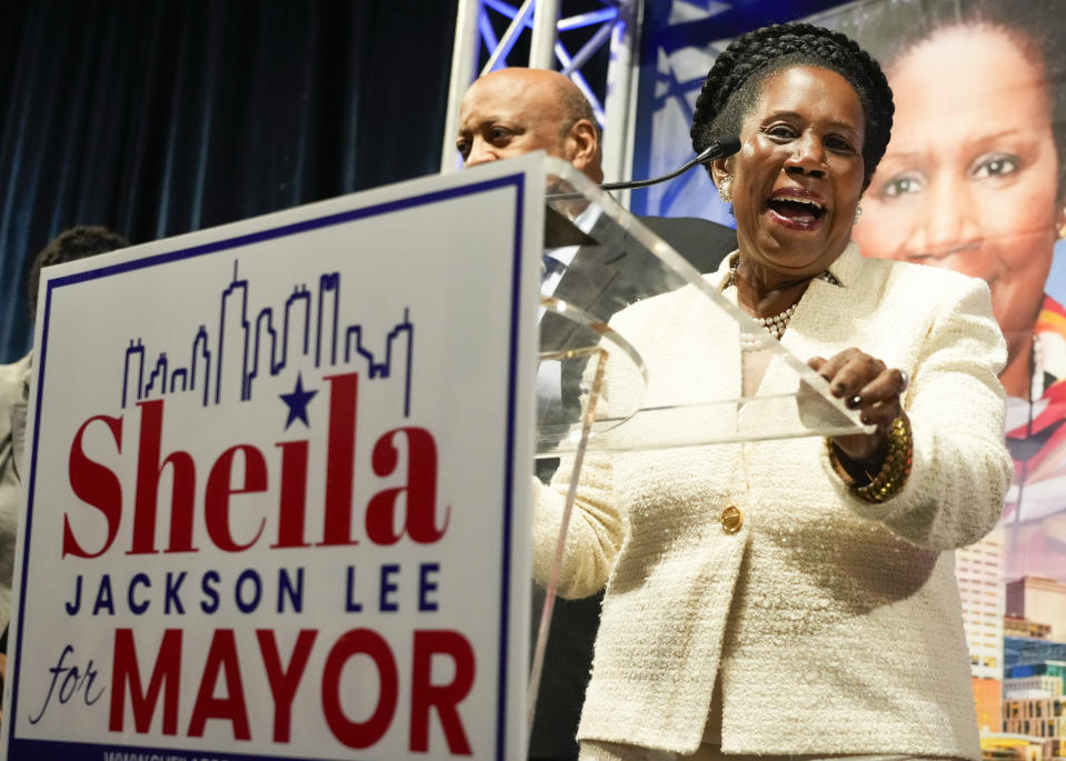 FILE - Mayoral candidate U.S. Rep. Sheila Jackson Lee speaks to supporters during an election watch party, Tuesday, Nov. 7, 2023, at Bayou Place in Houston. It’s down to two candidates in the race to lead the nation’s fourth-largest city. U.S. Rep. Sheila Jackson Lee and state Sen. John Whitmire will face off in Saturday’s runoff election to be the next mayor of Houston. (Jason Fochtman/Houston Chronicle via AP, File)