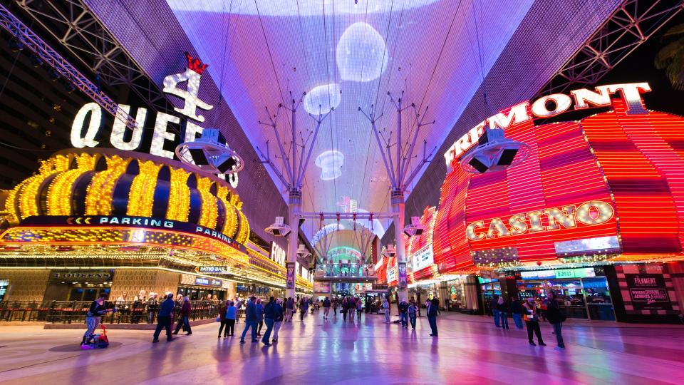 Las Vegas, Nevada, USA - January 12, 2016: Tourists enjoying the nightlife on the famous Fremont Street promenade Las Vegas, Navada.