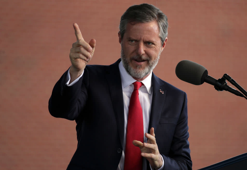 Jerry Falwell Jr. introduces President Donald Trump on May 13, 2017 at Liberty University.  (Photo: Alex Wong/Getty Images)