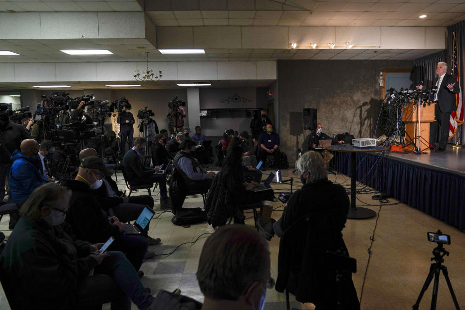 CORRECTS SECOND REFERENCE OF LAST NAME TO BLAKE INSTEAD OF BLACK - Kenosha County District Attorney Michael Graveley speaks at a news conference, Tuesday, Jan. 5, 2021, in Kenosha, Wis. Graveley announced that no charges will be filed against the white police officer that shot Jacob Blake, a Black man, in August. (AP Photo/Morry Gash)