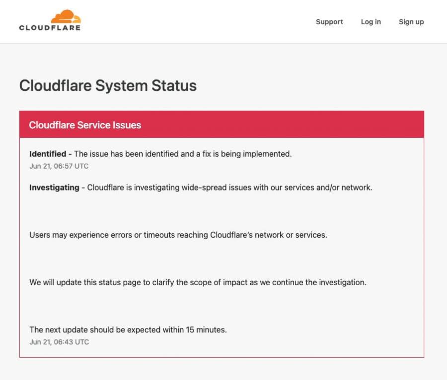 Cloudflare Outage June 21 2022 圖/Cloudflare Status