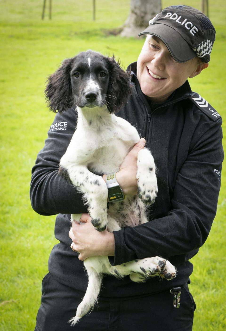 Sergeant Lynsey Buchanan-Barlas with new recruit Buddy the puppy (Jane Barlow/PA) (PA Wire)