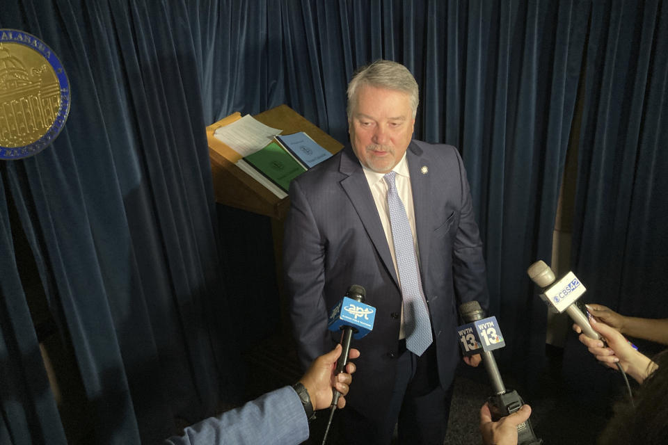 Alabama House Speaker Nathaniel Ledbetter, R-Rainsville, speaks to reporters on Friday, July 21, 2023, at the Statehouse in Montgomery, Ala. Ledbetter says he believes a newly drawn map of Alabama's seven congressional districts will pass muster with courts. (AP Photo/Jeff Amy)