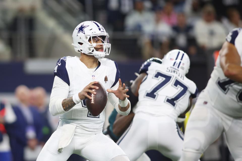 Quarterback Dak Prescott and the Dallas Cowboys will host the Detroit Lions at AT&T Stadium on Saturday night.