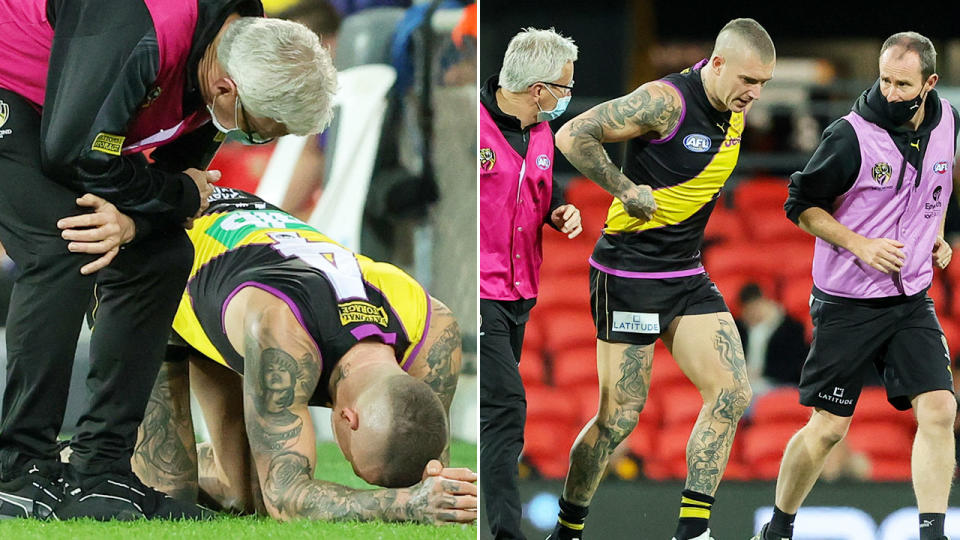 Pictured here, Dustin Martin leaves the field after copping a brutal hit in Richmond's win over Brisbane. 