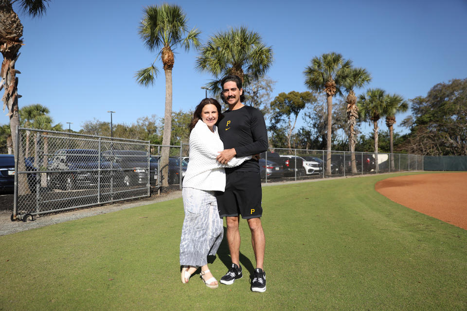 Courtney Zamora and husband Daniel Zamora, a pitcher in the Pittsburgh Pirates’ farm system, in Bradenton, Florida, on Feb. 18, 2023