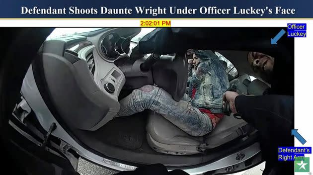 In this still from a police video, prosecutor Erin Eldridge shows footage from the traffic stop of Daunte Wright as she delivers the state's opening statement Wednesday at Hennepin County Courthouse in Minneapolis. (Photo: Court TV via Associated Press)