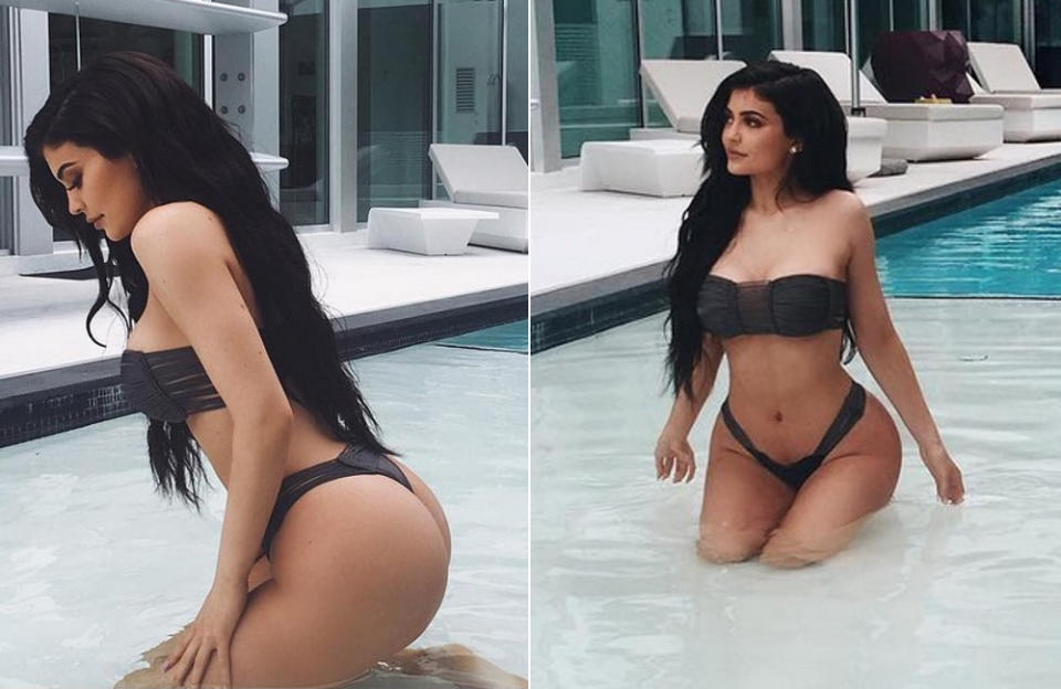 Kim Kardashians kleine Schwester Kylie Jenner (19) übt derzeit im Bikini die perfekte Kardashian-Clan-Popo-Pose. Kann sie inzwischen schon fast so gut wie Kim! (Bilder: Instagram/kyliejenner)