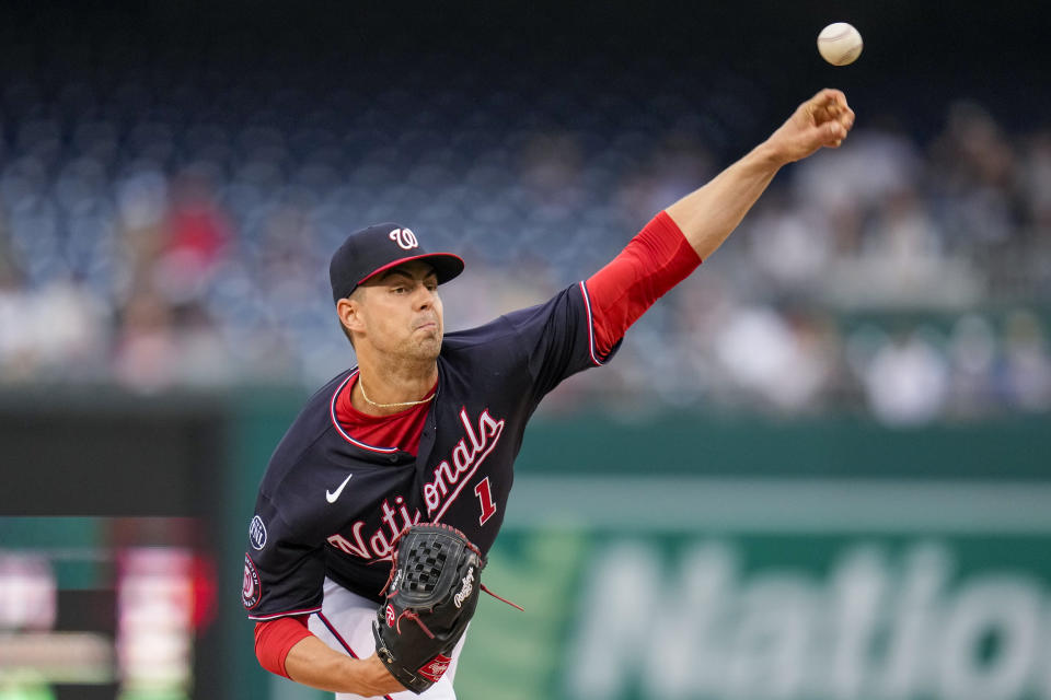 Washington Nationals starting pitcher MacKenzie Gore throws during the first inning of a baseball game against the St. Louis Cardinals at Nationals Park, Tuesday, June 20, 2023, in Washington. (AP Photo/Alex Brandon)