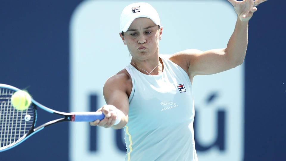 Ash Barty, pictured here in action against Aryna Sabalenka at the Miami Open.