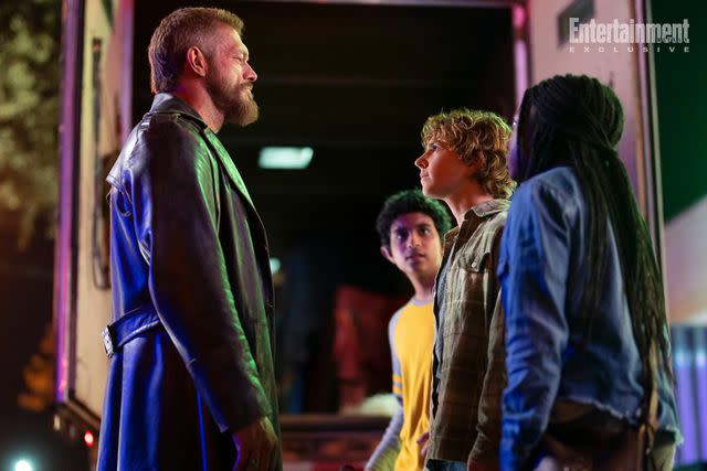 <p>Disney/David Bukach</p> Adam Copeland as Ares, Aryan Simhadri as Grover, Walker Scobell as Percy, and Leah Jeffries as Annabeth on 'Percy Jackson and the Olympians.'