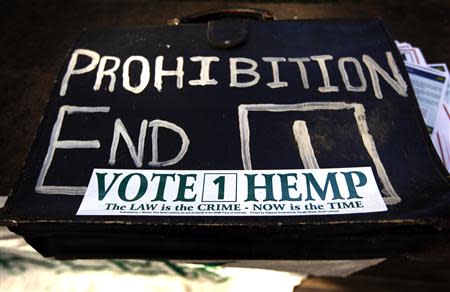 A bag bearing a sticker supporting the Help End Marijuana Prohibition (HEMP) Party, is seen at the launch of their national election campaign in central Sydney September 2, 2013. REUTERS/David Gray