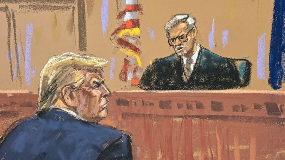 In a courtroom sketch, Judge Juan Merchan rules Monday that former President Donald Trump violated the gag order in the hush money trial for comments about the makeup of the jury. - Jane Rosenberg