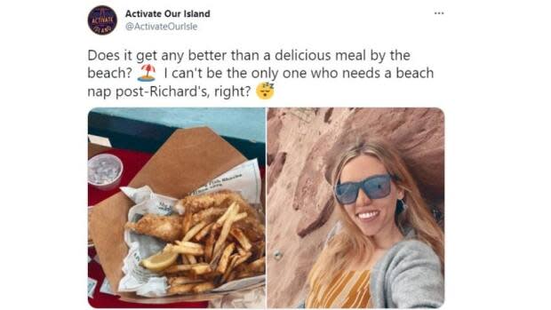 Emma MacKinnon, seen in this screengrab from a tweet from the Activate Our Island Twitter account, is doing her best impression of a tourist on P.E.I. as part of a marketing campaign. (ActivateOurIsle/Twitter - image credit)